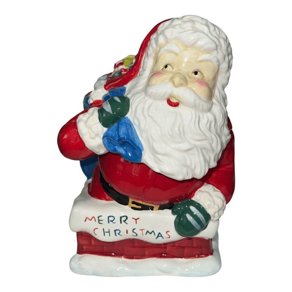 St Nicholas Square Merry Christmas Santa Cookie Jar Santa W Toy Sack In Chimney